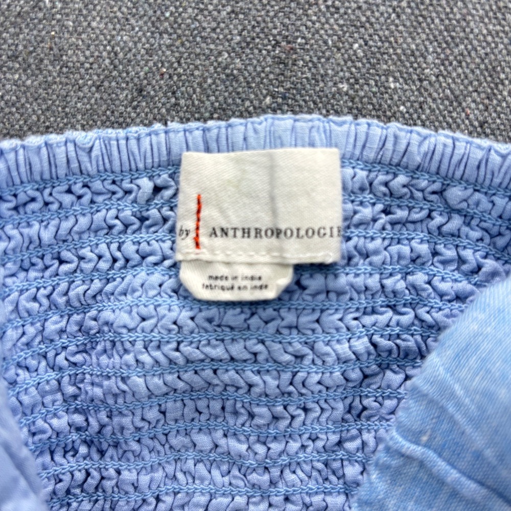 Anthropologie Light Blue Linen Blend Criss Cross Back Crop Top Smocked Back - Picture 3 of 7